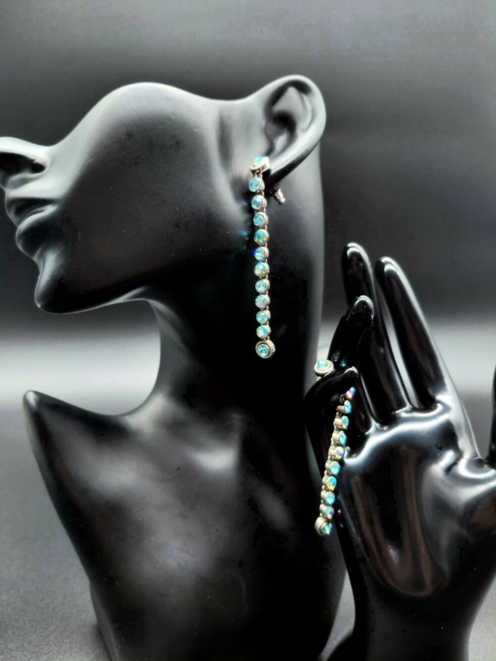 Silver Tone Aqua Blue Line Drop Earrings Tennis Strand Costume Fashion Jewelry